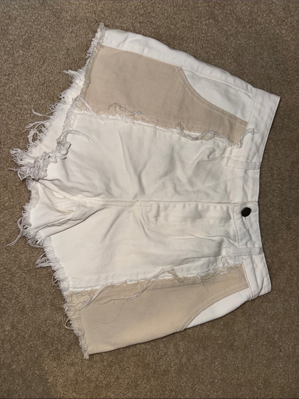 SHEIN White Denim Shorts with Beige Patch Panels
